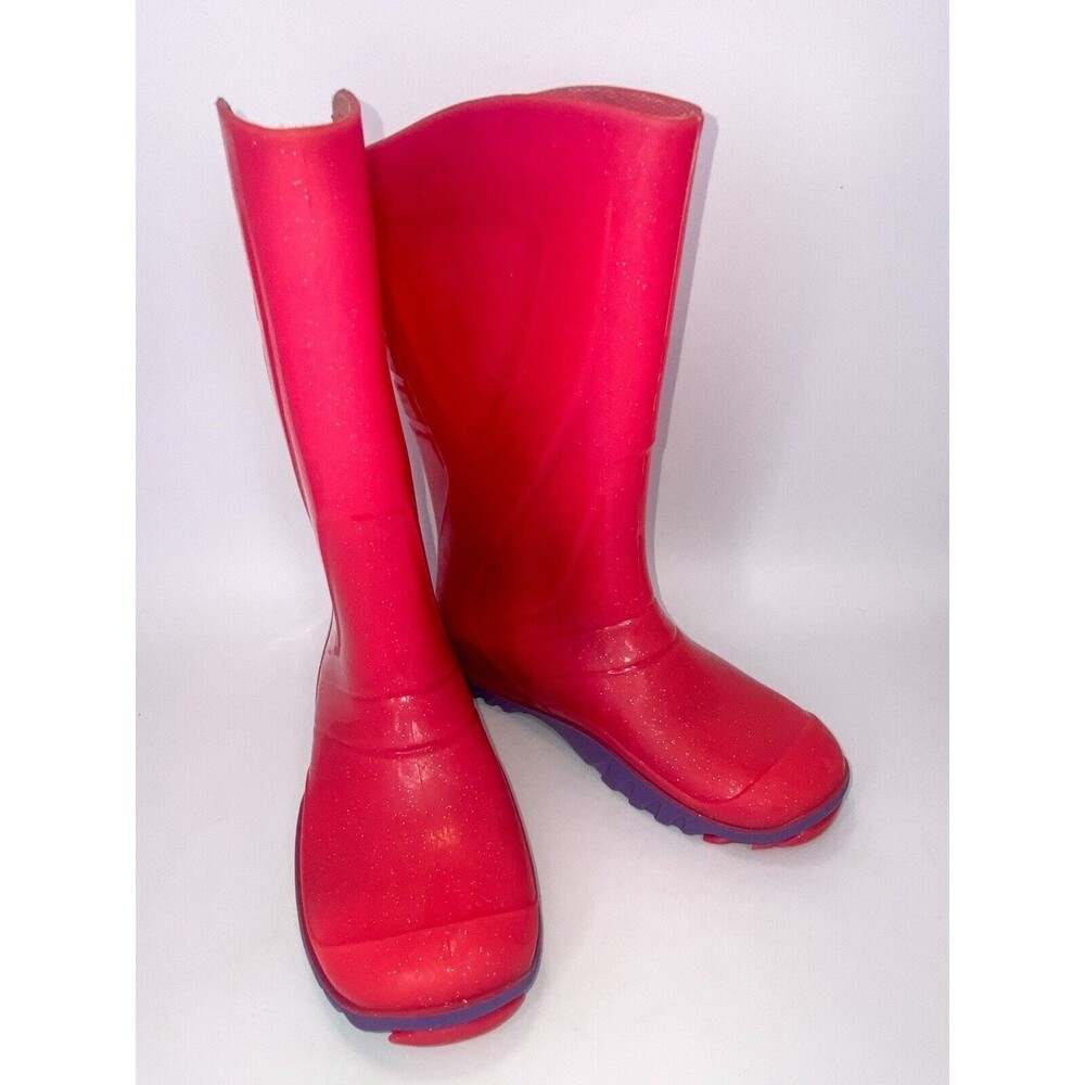 SKEEPER Size 32/1Y Black Slip-On Rain Boots w/Grip Soles Pink/Purple Rubber Boot